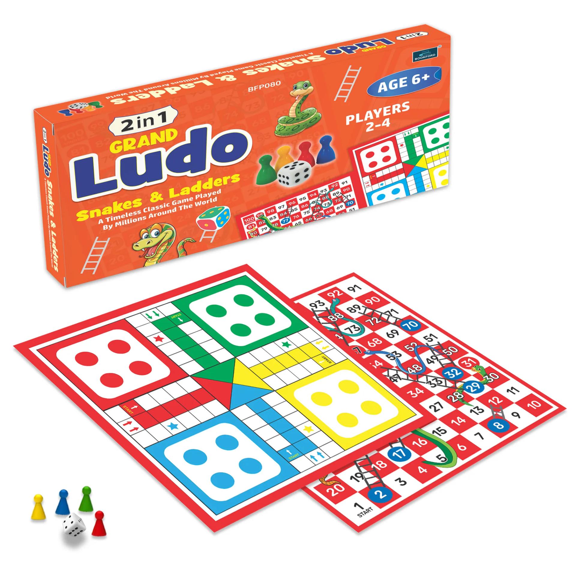 2 in 1 grand Ludo with Snakes & Ladders | Board Game for Kids & Families | Educational, Durable, Portable Fun for Ages 6+ | 10" Dual-Sided Board with 1 Dice & 16 Pawns - 2